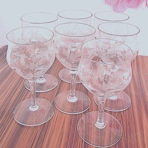 Set of 6 Vintage Etched Wreath & Garland Wine Glasses
